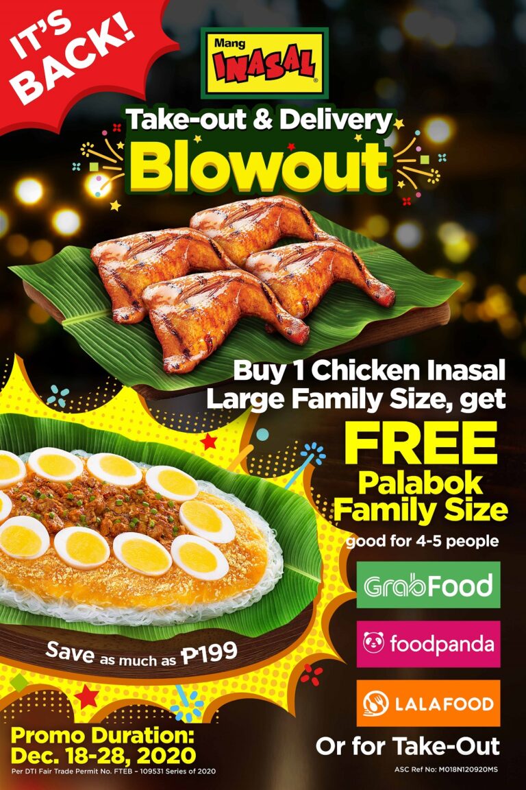 Mang Inasal Take-out and Delivery Blowout runs anew   from December 18 to 28, 2020 