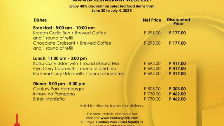 CENTURY PARK HOTEL PARTICIPATES IN MANILA RESTAURANT WEEK 2021