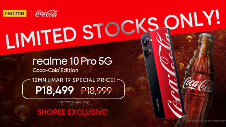 Snag the realme 10 Pro 5G Coca-Cola® Edition for as low as PHP18,499 this March 19 on Shopee